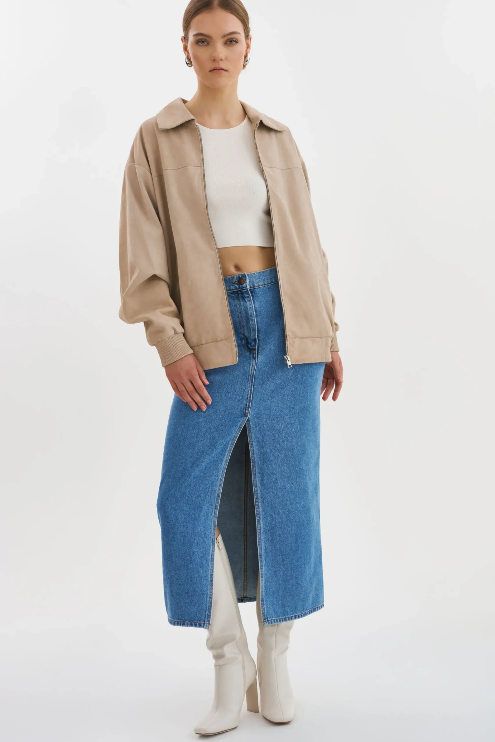 Shop LAMARQUE CADEN | Oversized Suede Bomber Jacket Sand