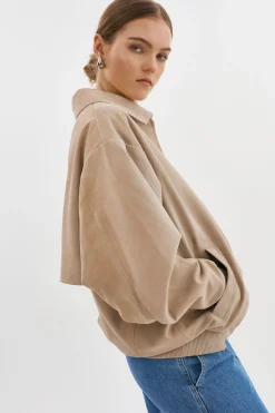 Shop LAMARQUE CADEN | Oversized Suede Bomber Jacket Sand