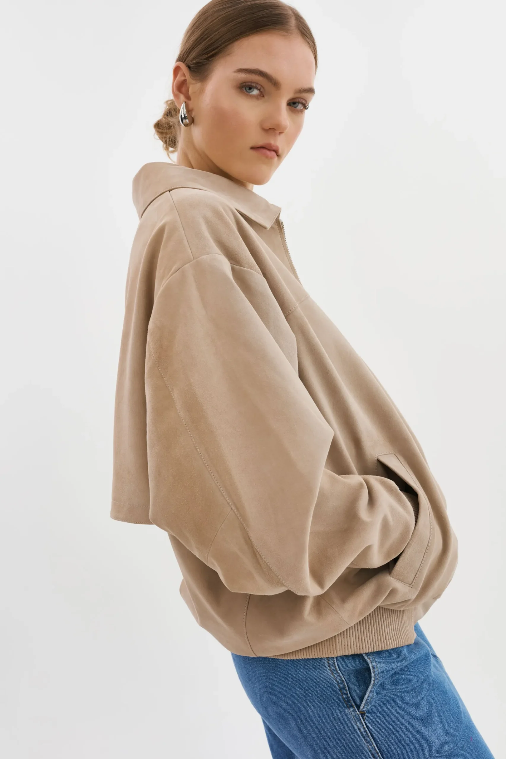 Shop LAMARQUE CADEN | Oversized Suede Bomber Jacket Sand
