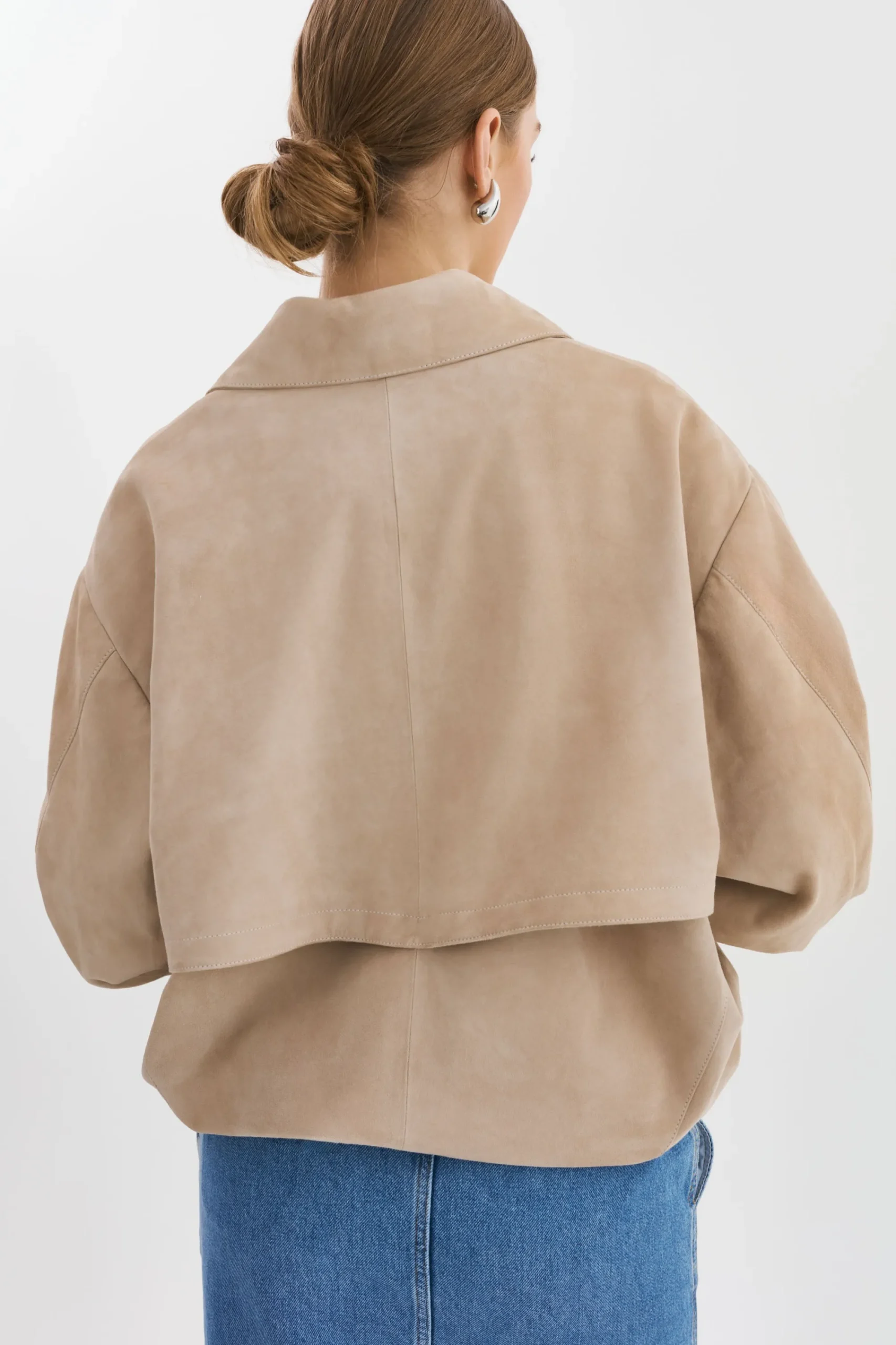 Shop LAMARQUE CADEN | Oversized Suede Bomber Jacket Sand