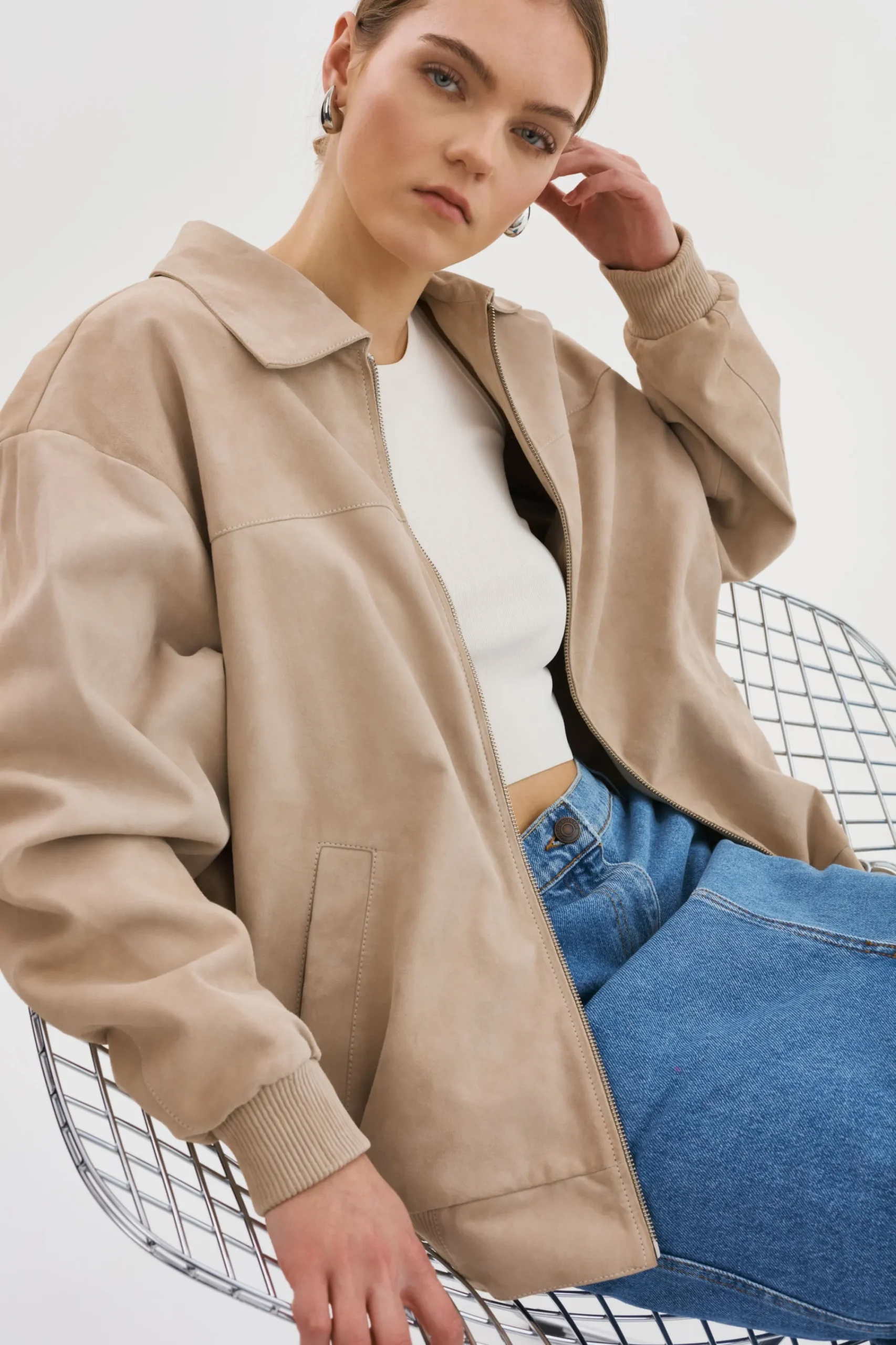 Shop LAMARQUE CADEN | Oversized Suede Bomber Jacket Sand