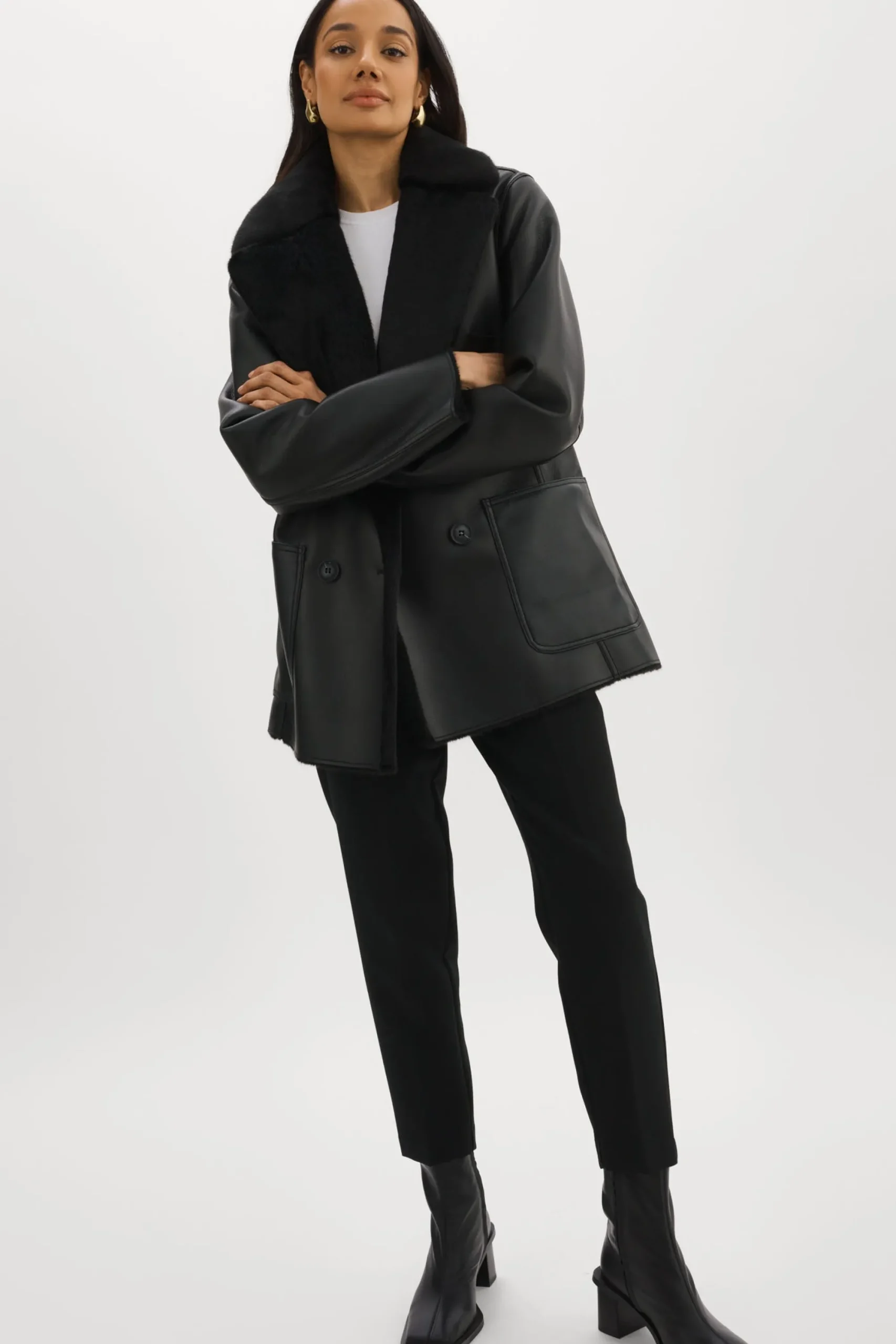 New LAMARQUE CAMILLE | Faux Shearling Reversible Coat Black