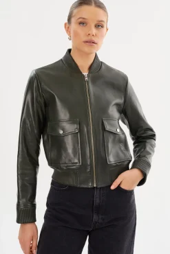 Outlet LAMARQUE CANDACE | Leather Bomber Jacket Dark Olive/Heather Grey