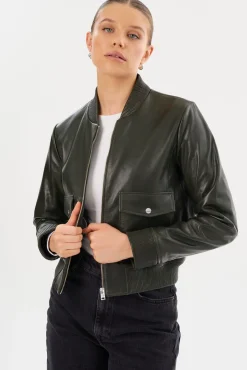 Outlet LAMARQUE CANDACE | Leather Bomber Jacket Dark Olive/Heather Grey