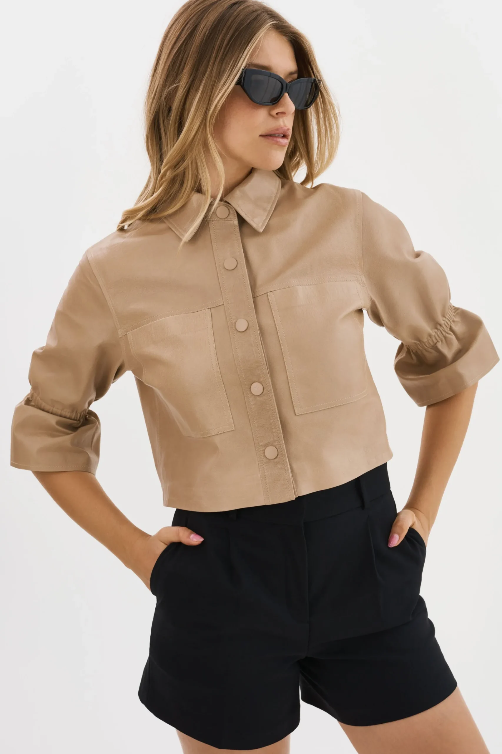 Best LAMARQUE CAROLINA | Leather Ruffle Sleeve Jacket Beige