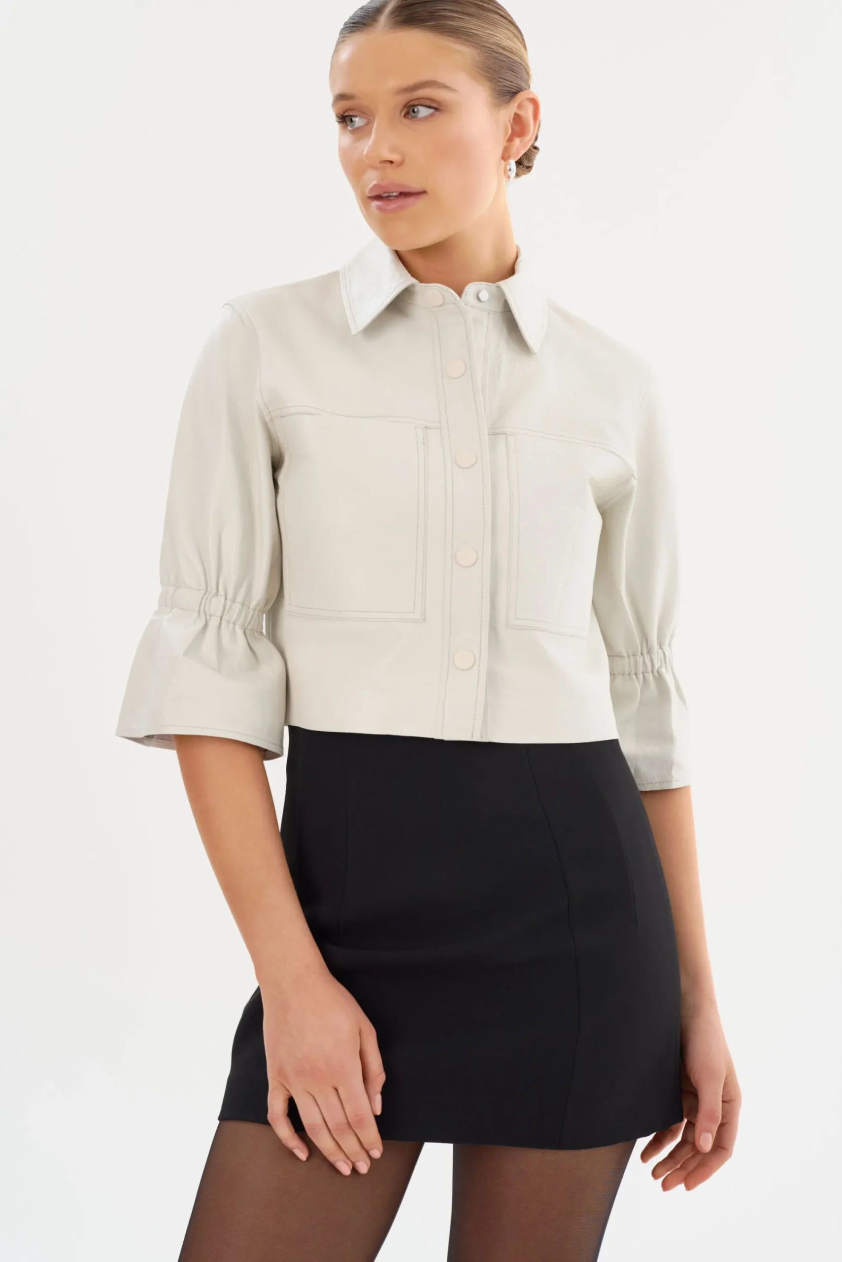 Store LAMARQUE CAROLINA | Leather Ruffle Sleeve Jacket Winter White