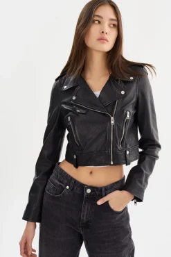 New LAMARQUE CIARA | Cropped Leather Biker Jacket Black