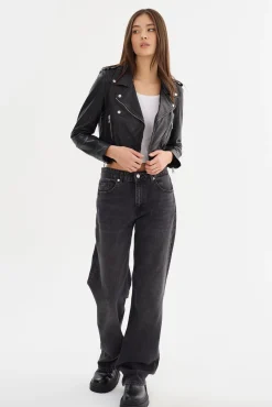 New LAMARQUE CIARA | Cropped Leather Biker Jacket Black