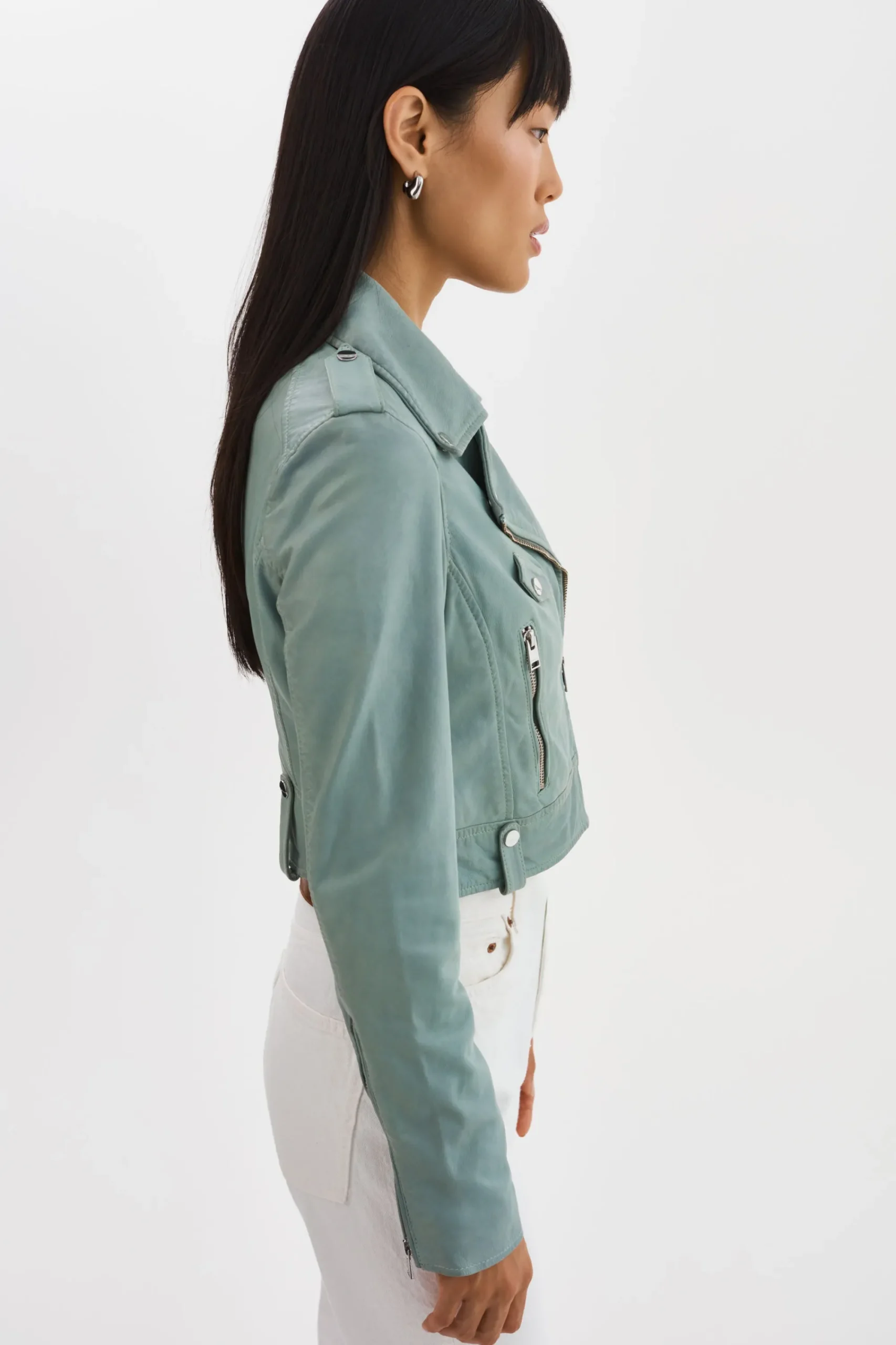 Clearance LAMARQUE CIARA | Cropped Leather Biker Jacket Eucalyptus