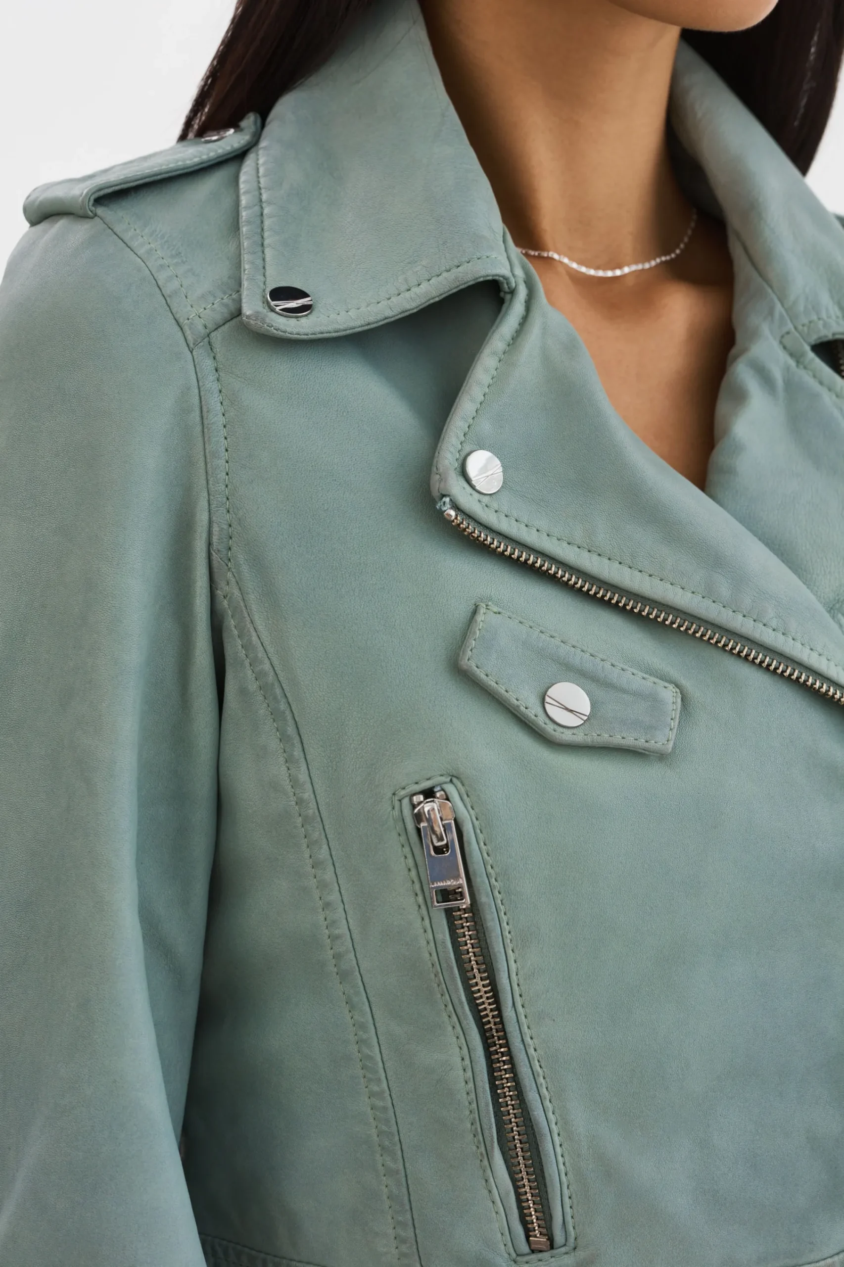 Clearance LAMARQUE CIARA | Cropped Leather Biker Jacket Eucalyptus