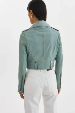 Clearance LAMARQUE CIARA | Cropped Leather Biker Jacket Eucalyptus