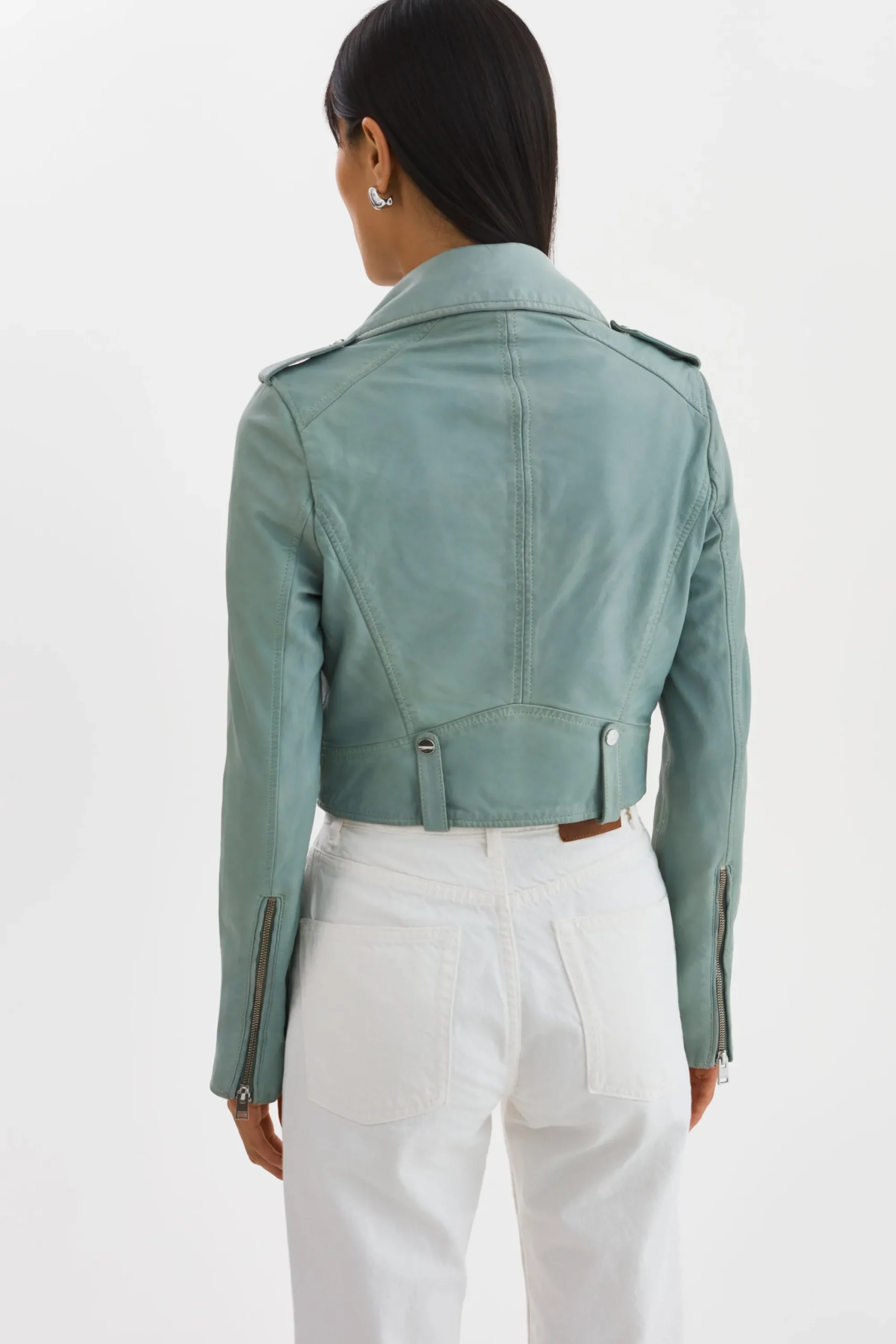 Clearance LAMARQUE CIARA | Cropped Leather Biker Jacket Eucalyptus