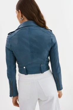 Flash Sale LAMARQUE CIARA | Cropped Leather Biker Jacket Slate Blue