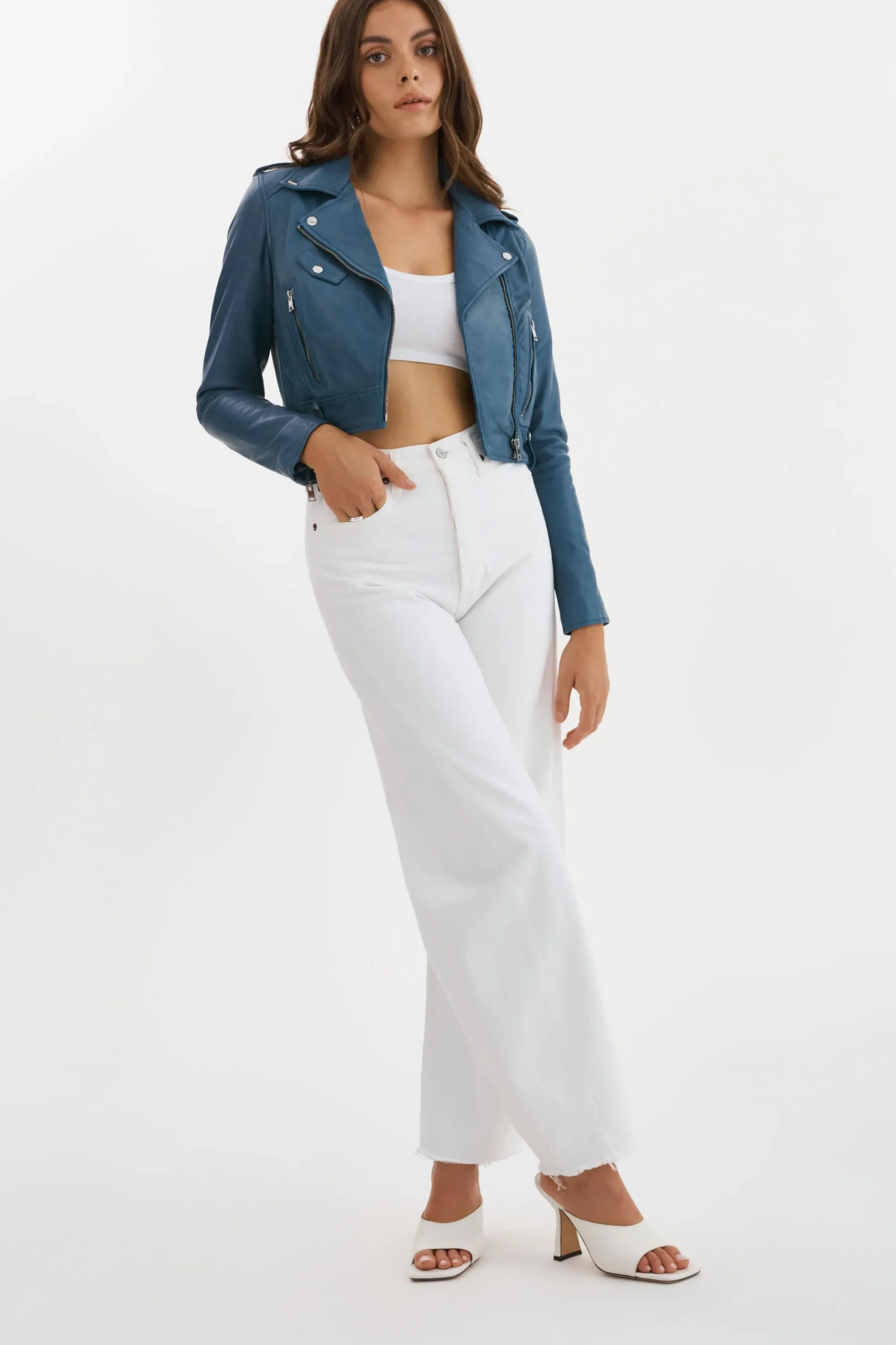 Flash Sale LAMARQUE CIARA | Cropped Leather Biker Jacket Slate Blue