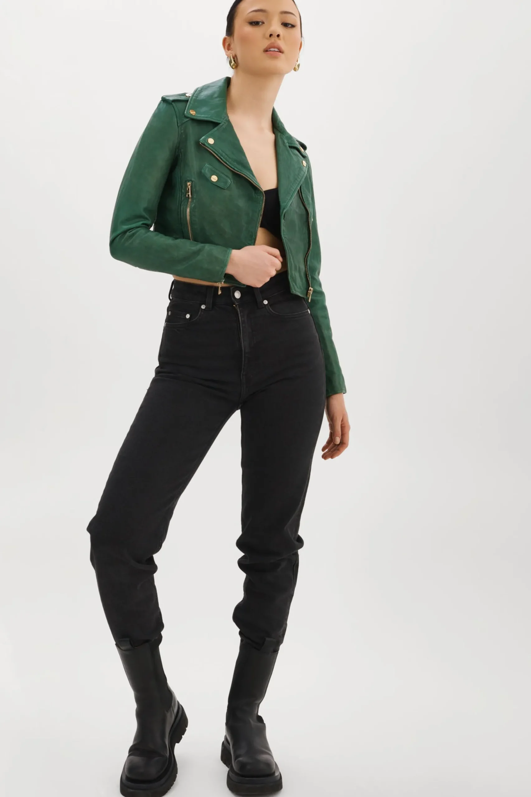 Best LAMARQUE CIARA GOLD | Cropped Leather Biker Jacket Bottle Green