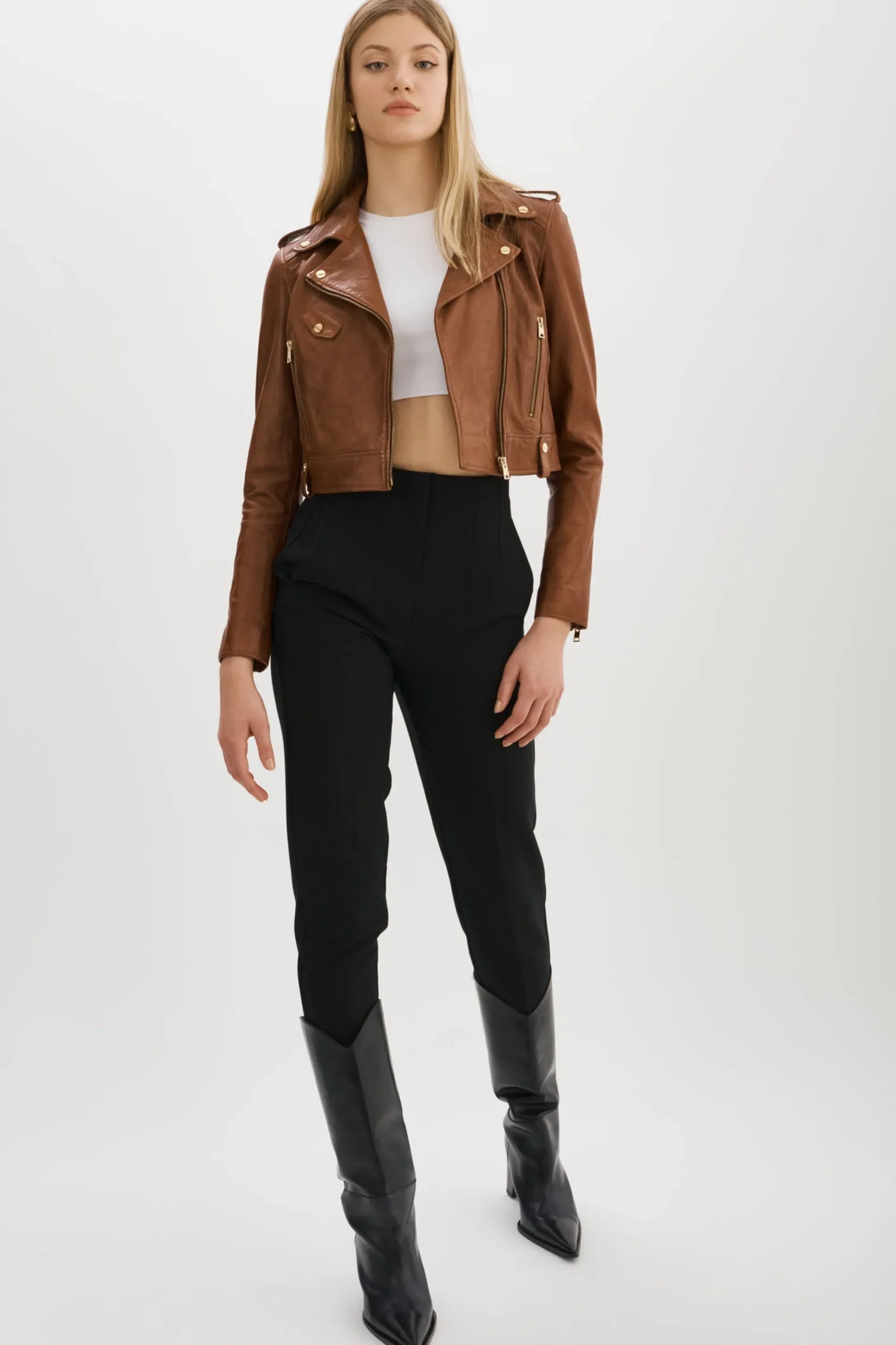 Discount LAMARQUE CIARA GOLD | Cropped Leather Biker Jacket Luggage