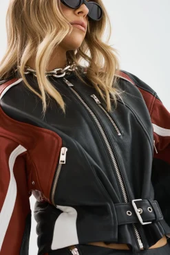 Clearance LAMARQUE DUSTIN | Leather Racer Jacket Black/Winter White/Ruby Red