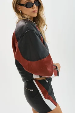 Clearance LAMARQUE DUSTIN | Leather Racer Jacket Black/Winter White/Ruby Red