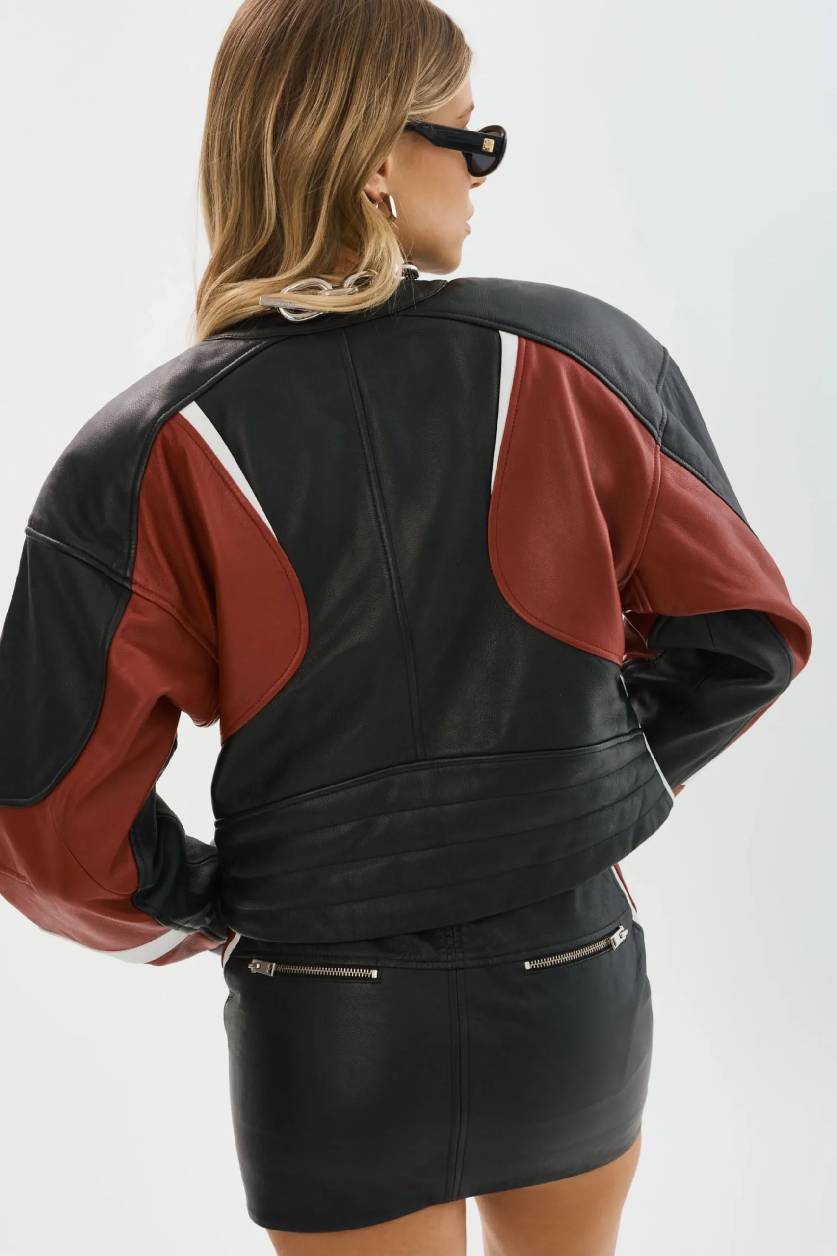 Clearance LAMARQUE DUSTIN | Leather Racer Jacket Black/Winter White/Ruby Red
