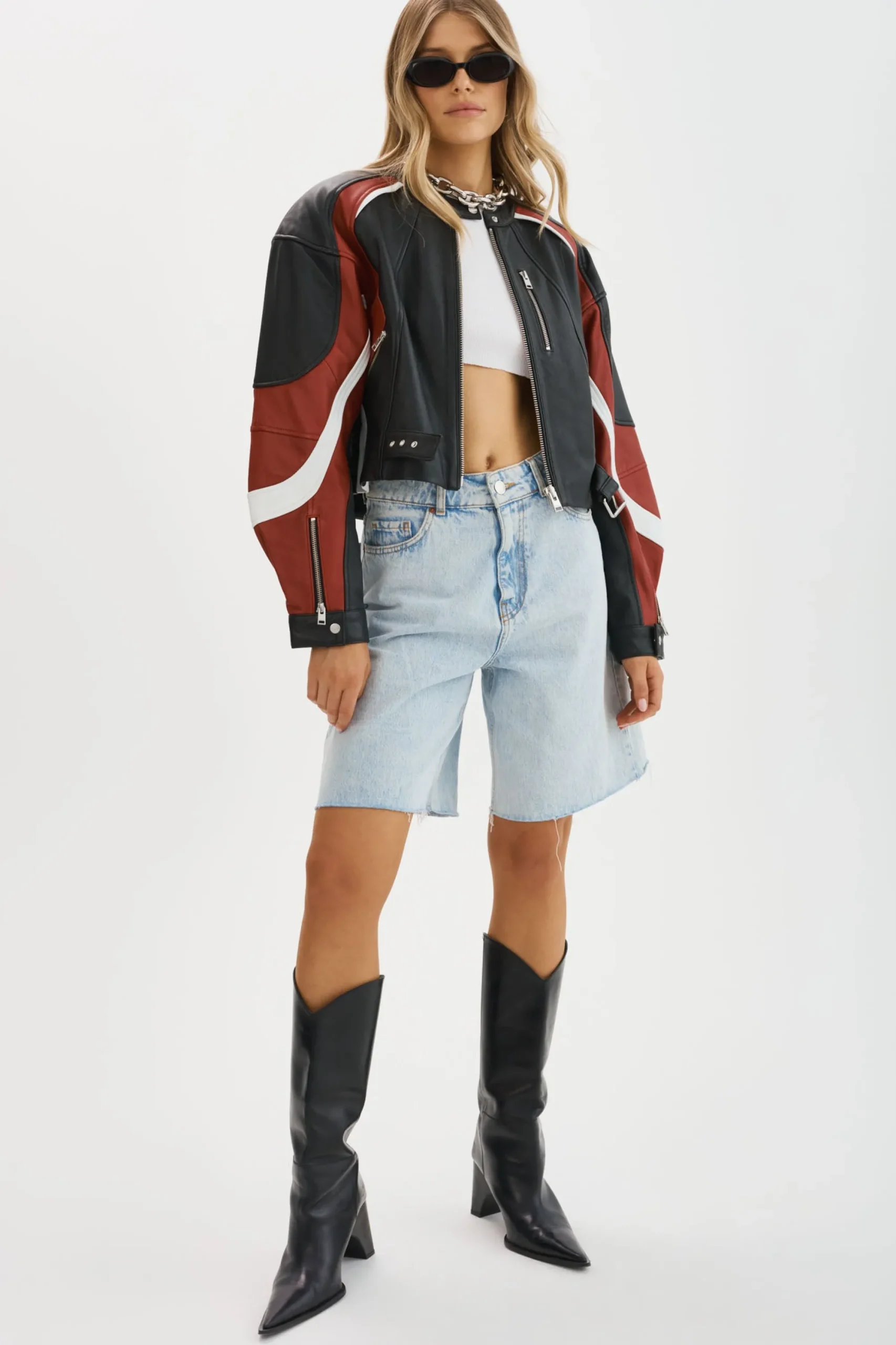 Clearance LAMARQUE DUSTIN | Leather Racer Jacket Black/Winter White/Ruby Red