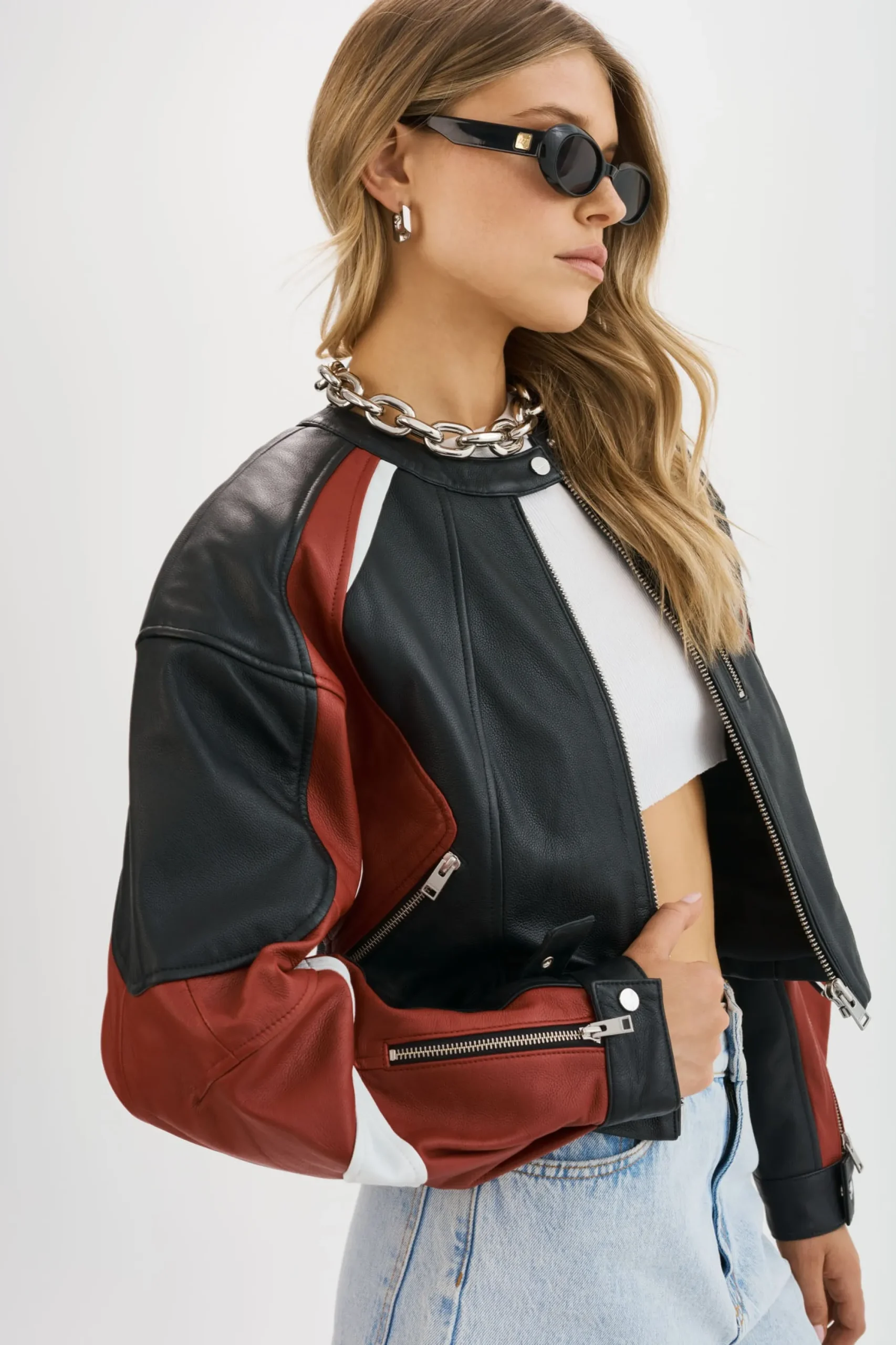 Clearance LAMARQUE DUSTIN | Leather Racer Jacket Black/Winter White/Ruby Red