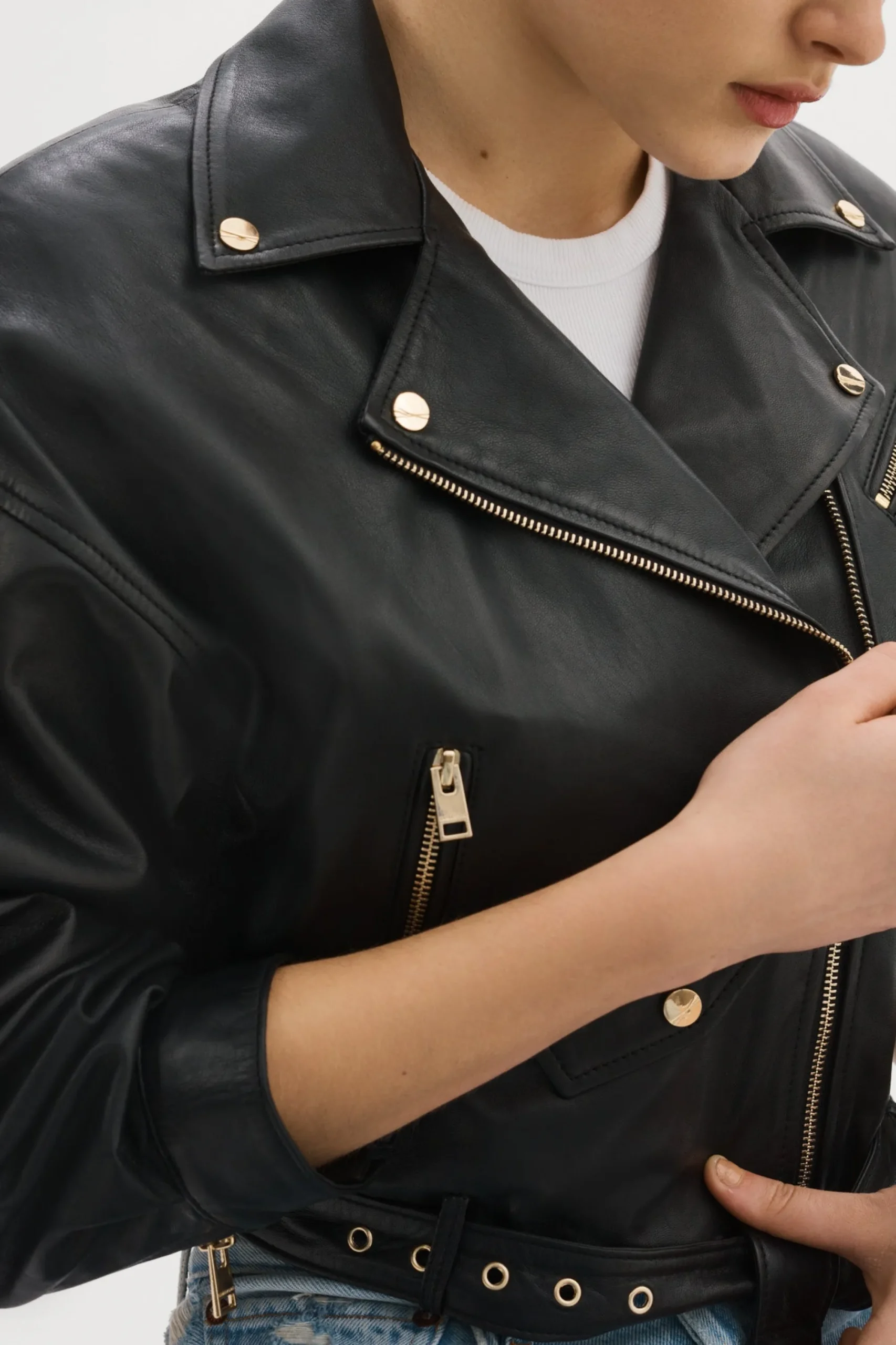 Cheap LAMARQUE DYLAN GOLD | 80's Leather Biker Jacket Black