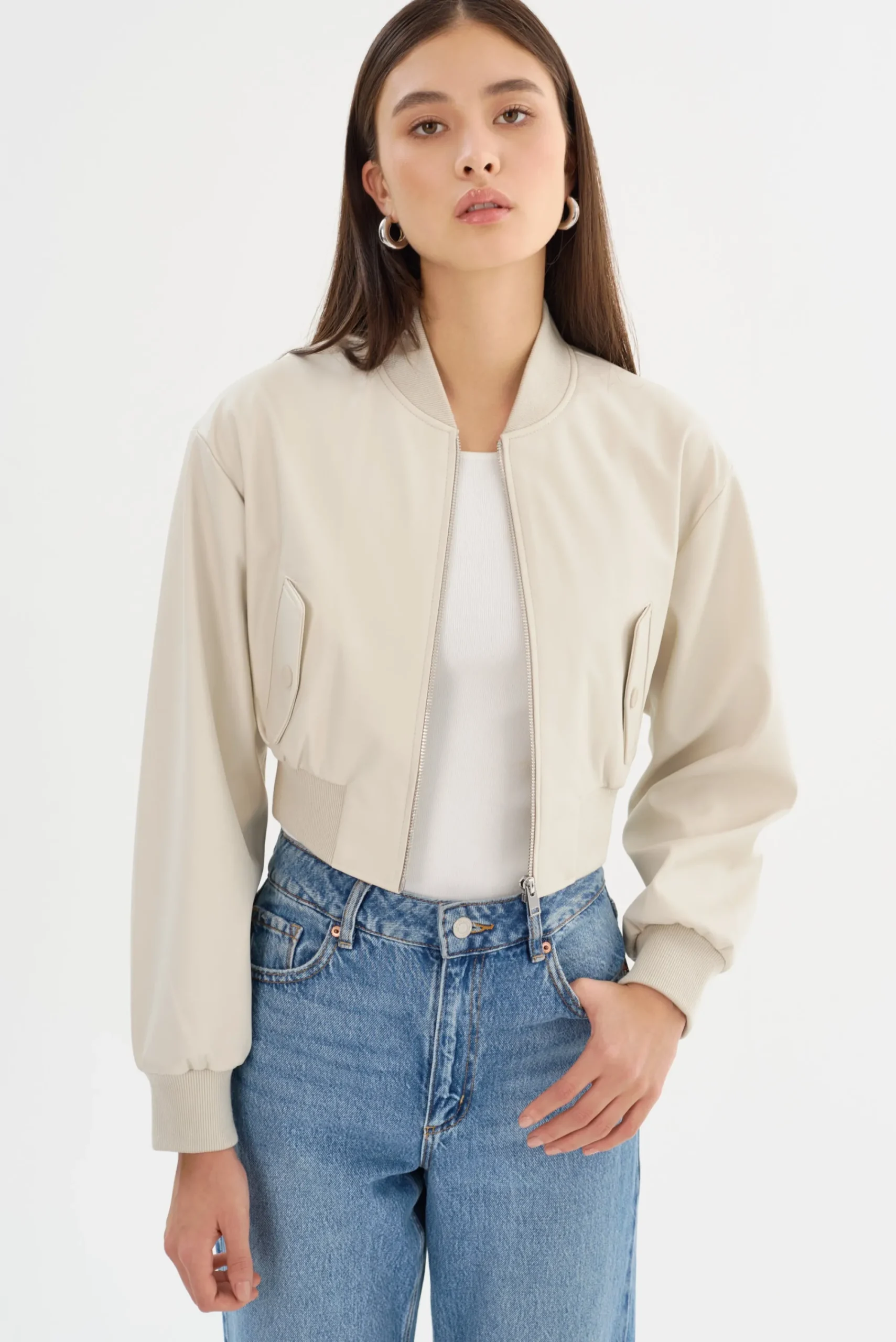 Hot LAMARQUE EVELIN | Faux Leather Cropped Bomber Bone