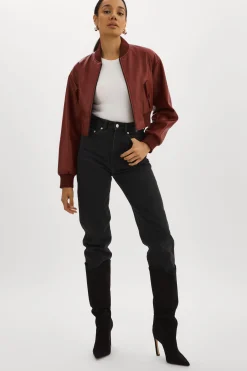 New LAMARQUE EVELIN | Faux Leather Cropped Bomber Syrah