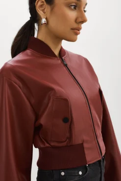New LAMARQUE EVELIN | Faux Leather Cropped Bomber Syrah