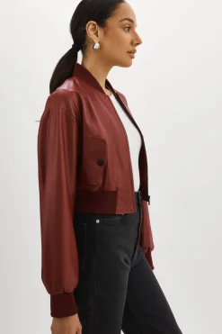 New LAMARQUE EVELIN | Faux Leather Cropped Bomber Syrah