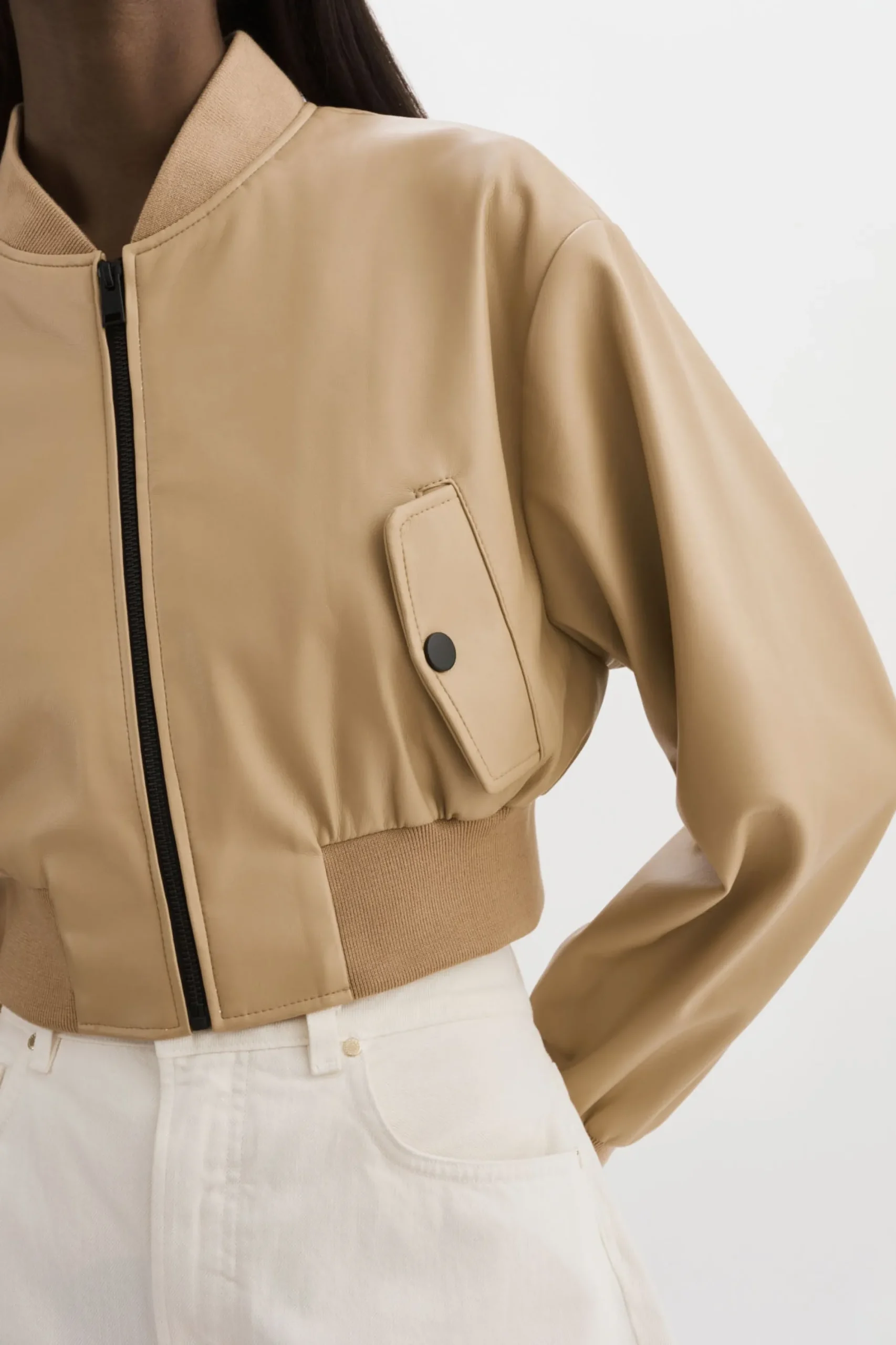 Shop LAMARQUE EVELIN | Faux Leather Cropped Bomber Wheat