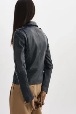 Clearance LAMARQUE HARPER | Fitted Leather Biker Jacket Navy