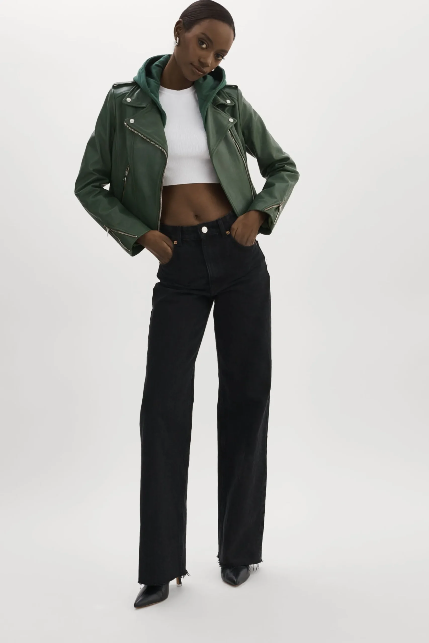 Flash Sale LAMARQUE HOLY | Leather Biker Jacket With Removable Hood Alpine Green