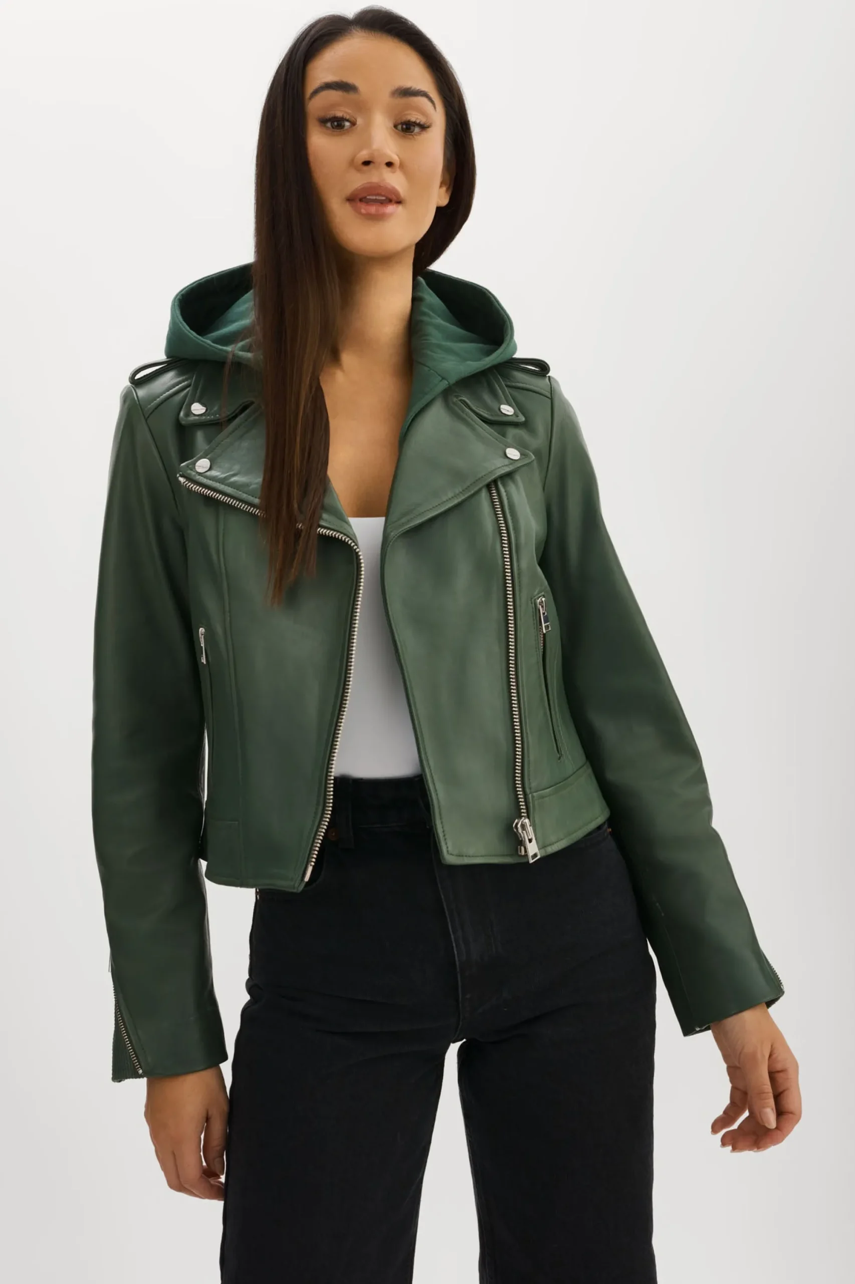 Flash Sale LAMARQUE HOLY | Leather Biker Jacket With Removable Hood Alpine Green