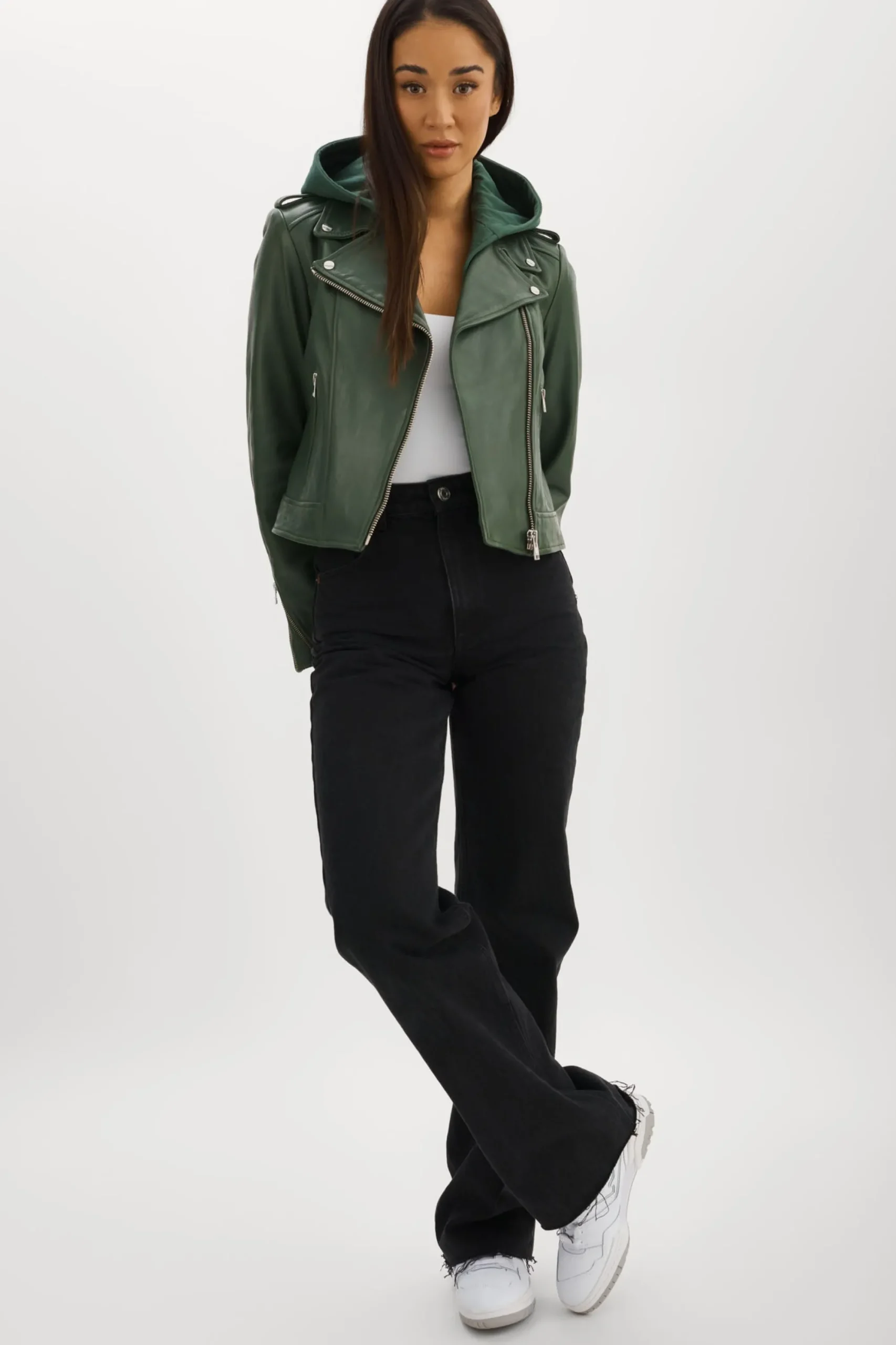 Flash Sale LAMARQUE HOLY | Leather Biker Jacket With Removable Hood Alpine Green