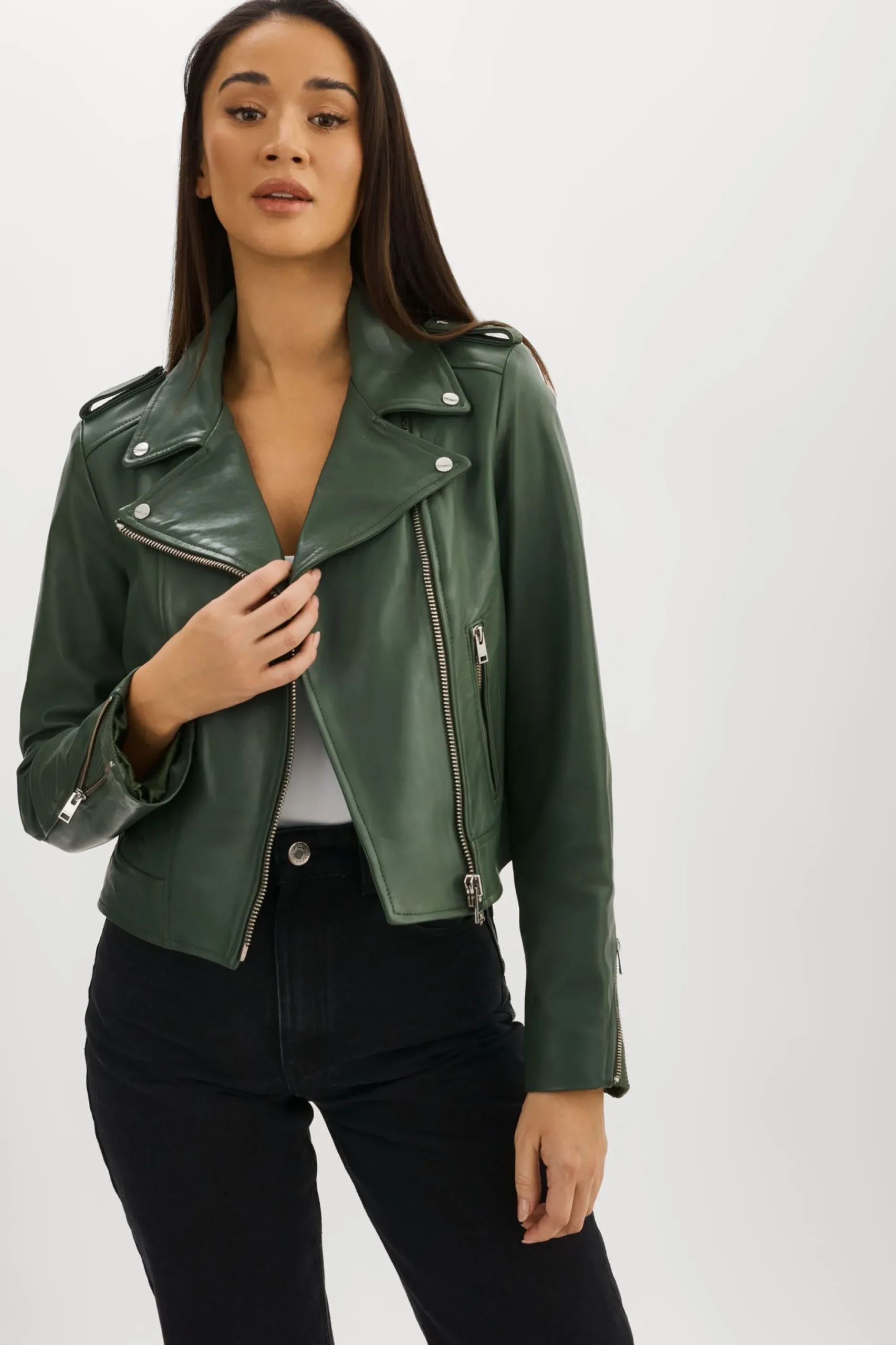Flash Sale LAMARQUE HOLY | Leather Biker Jacket With Removable Hood Alpine Green