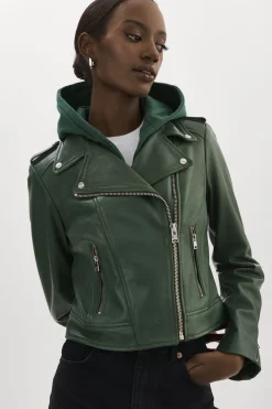 Flash Sale LAMARQUE HOLY | Leather Biker Jacket With Removable Hood Alpine Green