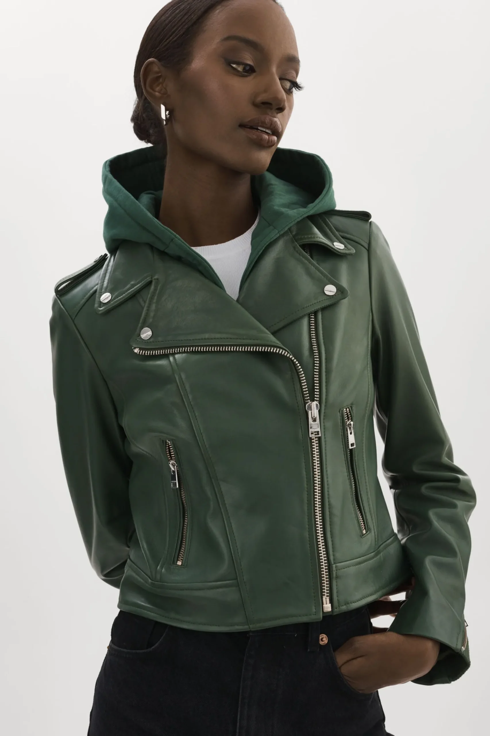 Flash Sale LAMARQUE HOLY | Leather Biker Jacket With Removable Hood Alpine Green