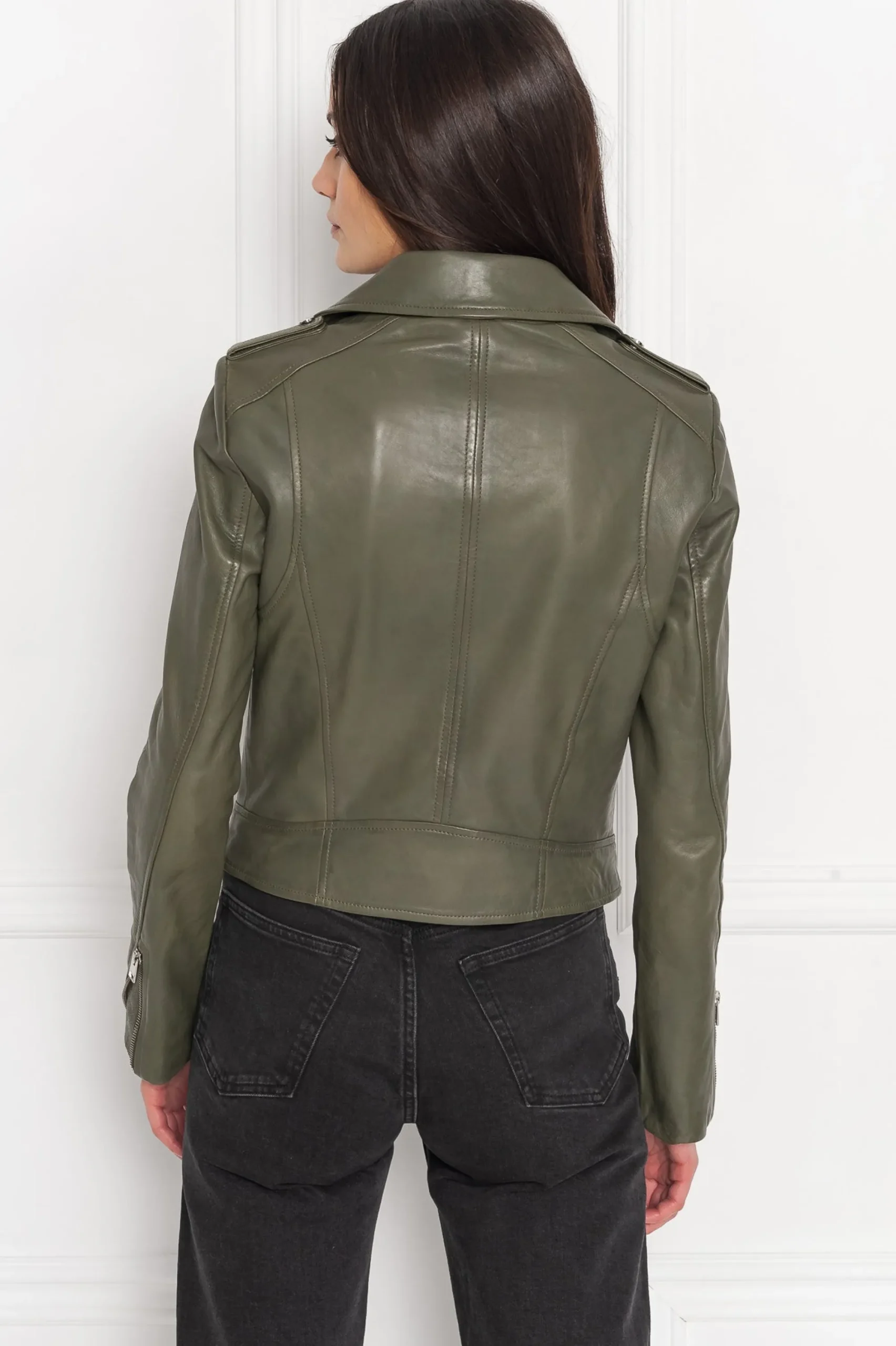 Clearance LAMARQUE HOLY | Leather Biker Jacket With Removable Hood Dusty Olive
