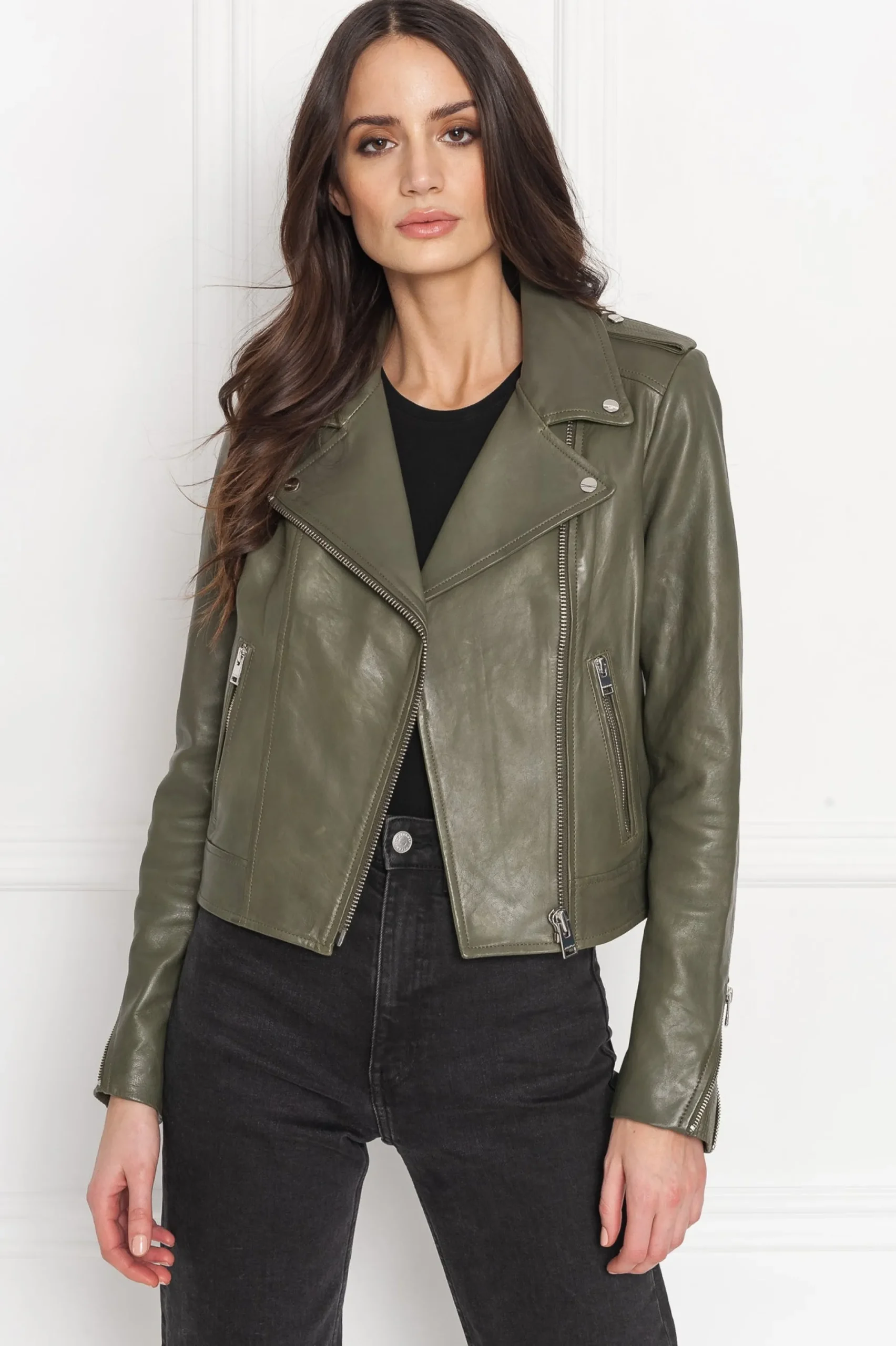 Clearance LAMARQUE HOLY | Leather Biker Jacket With Removable Hood Dusty Olive