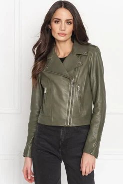 Clearance LAMARQUE HOLY | Leather Biker Jacket With Removable Hood Dusty Olive
