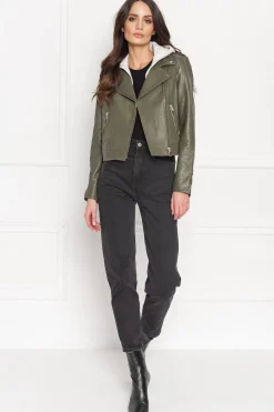 Clearance LAMARQUE HOLY | Leather Biker Jacket With Removable Hood Dusty Olive