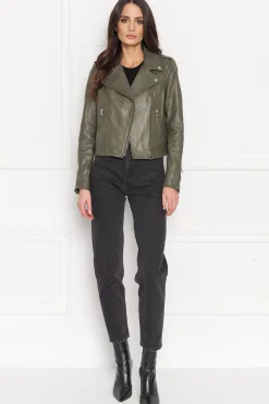 Clearance LAMARQUE HOLY | Leather Biker Jacket With Removable Hood Dusty Olive