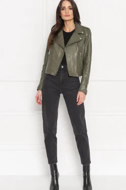 Clearance LAMARQUE HOLY | Leather Biker Jacket With Removable Hood Dusty Olive