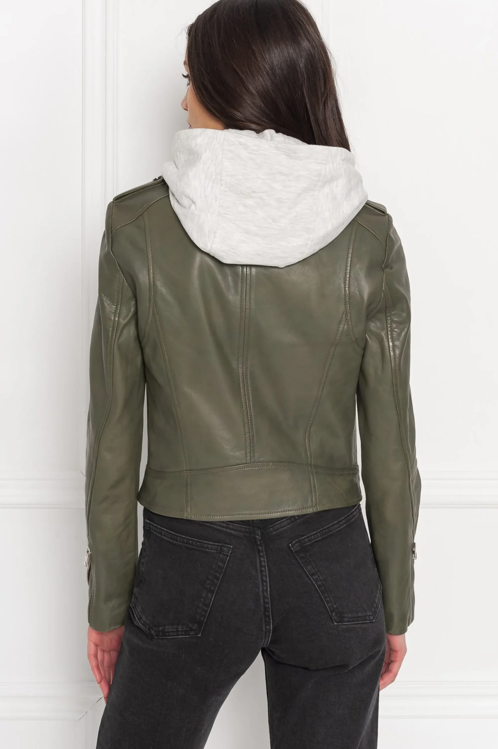 Clearance LAMARQUE HOLY | Leather Biker Jacket With Removable Hood Dusty Olive