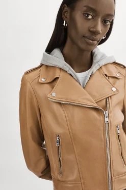 Clearance LAMARQUE HOLY | Leather Biker Jacket With Removable Hood Sesame