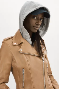 Clearance LAMARQUE HOLY | Leather Biker Jacket With Removable Hood Sesame