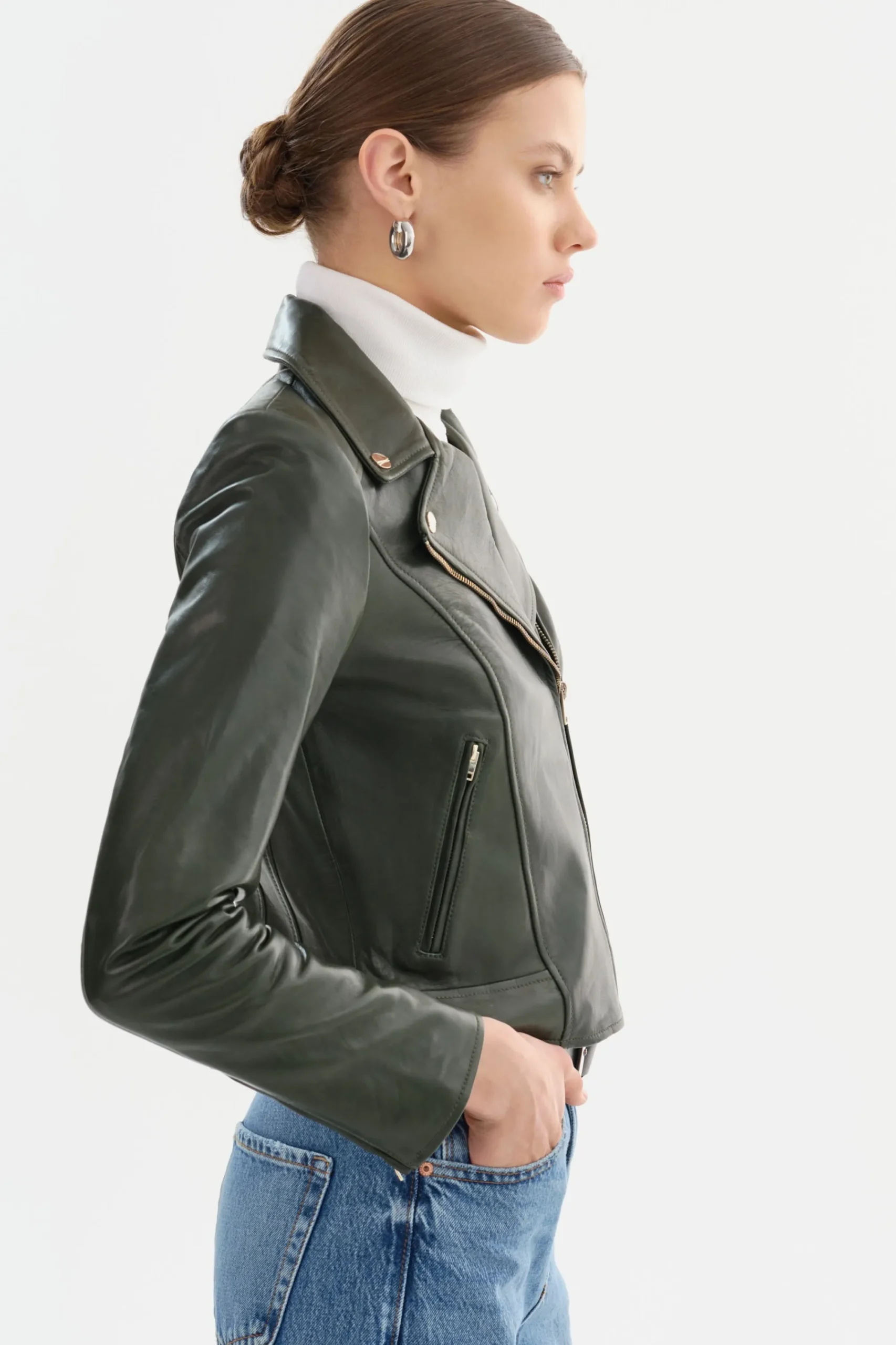 New LAMARQUE KELSEY | Biker Leather Jacket Champagne Hardware Dark Olive