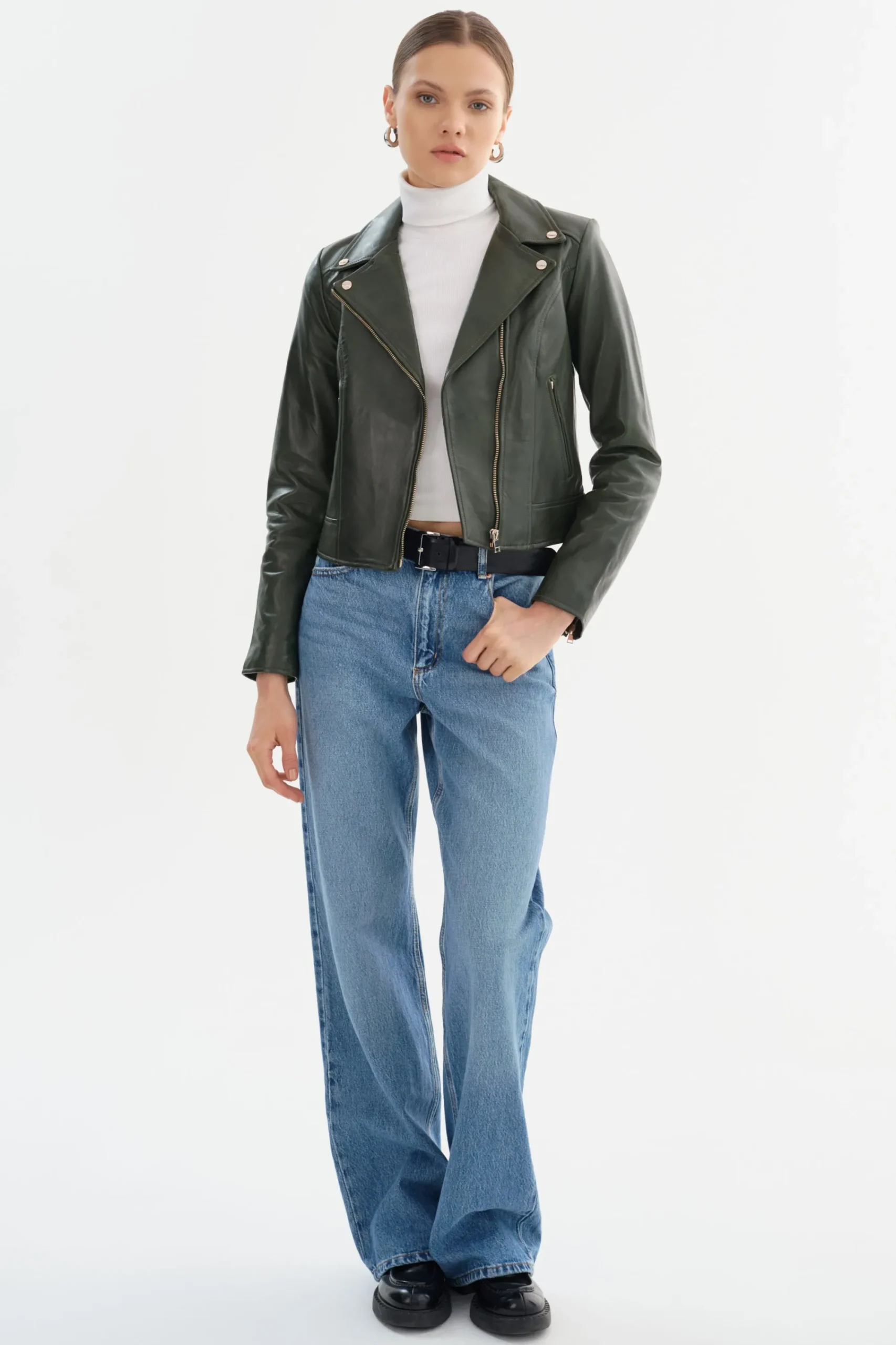 New LAMARQUE KELSEY | Biker Leather Jacket Champagne Hardware Dark Olive