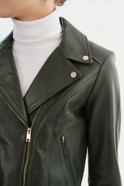 New LAMARQUE KELSEY | Biker Leather Jacket Champagne Hardware Dark Olive